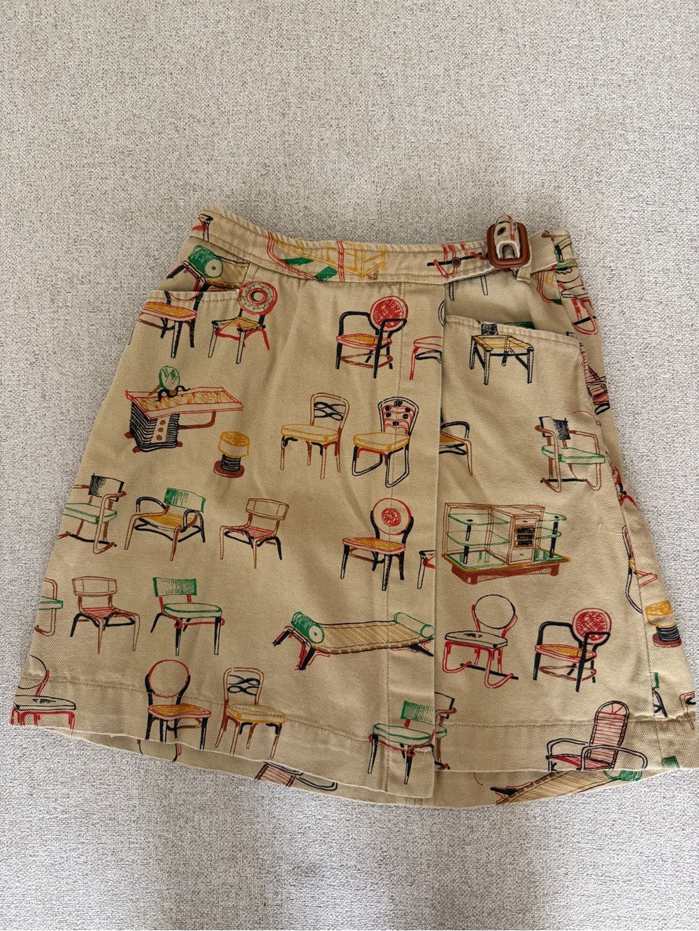 Anthropologie Beige A-Line Skirt with Multicolor Chair Print